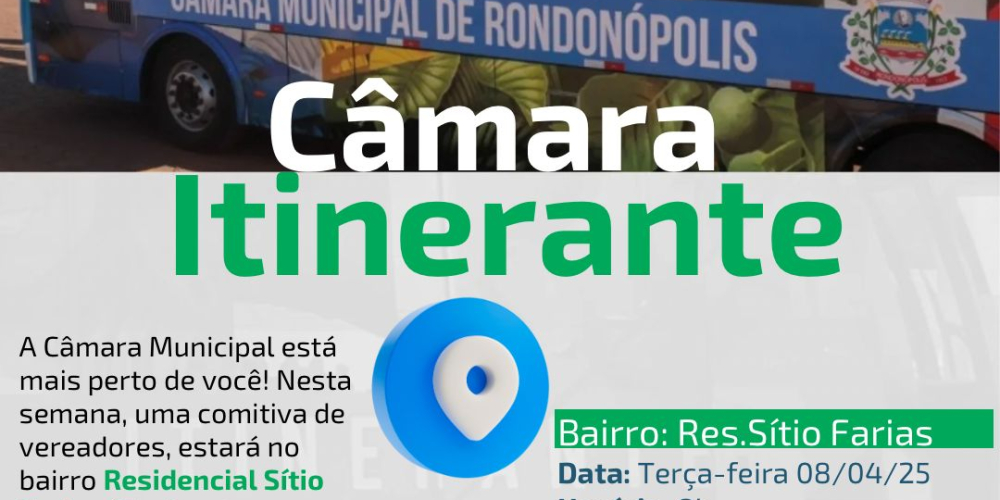 Câmara Itinerante - A câmara municipal está mais perto de você! Nesta semana, uma comitiva de vereadores, estará no bairro: Residencial Sitio Farias ( em frente a creche Maria Severina) para realizar uma vistoria e ouvir as demandas da população.