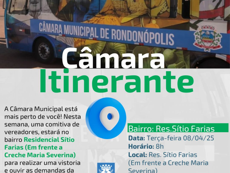 Câmara Itinerante - A câmara municipal está mais perto de você! Nesta semana, uma comitiva de vereadores, estará no bairro: Residencial Sitio Farias ( em frente a creche Maria Severina) para realizar uma vistoria e ouvir as demandas da população.